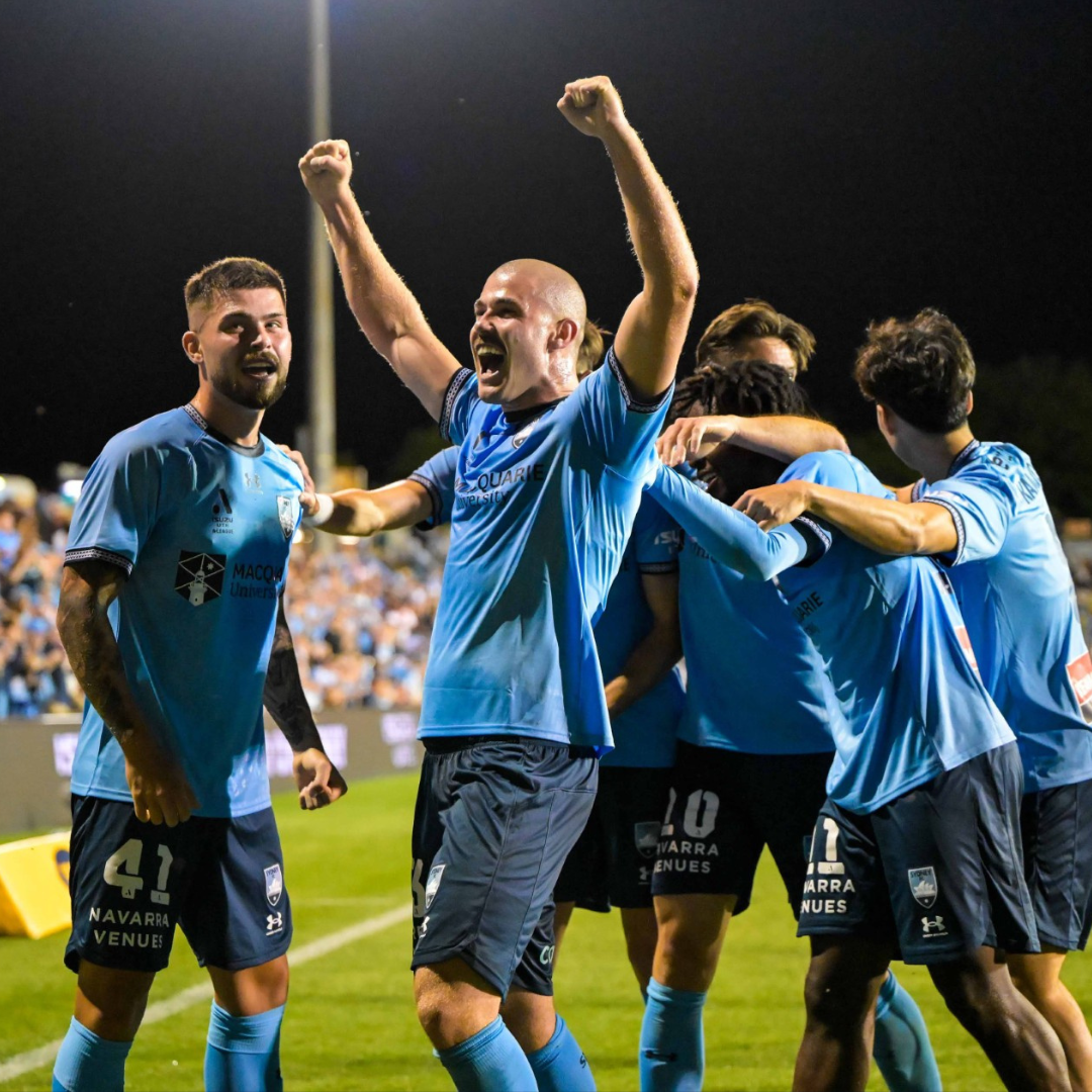 Men playing soccer in blue shirts 